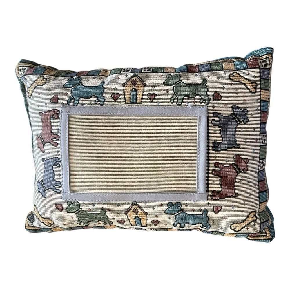 Small Vintage Picture Frame Dog Decorative Pillow Machine Embroidered 90s